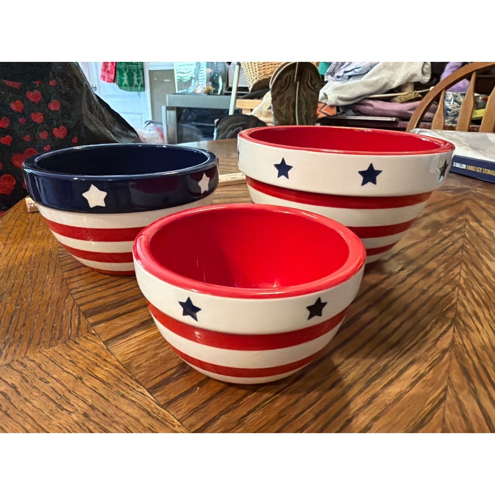 Terramoto Ceramic Patriotic Nesting Bowls Set 3 Red White Blue Stars Stripes